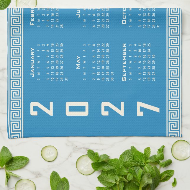2027 Kalender, Griechisches Mäander, Cosmic Latte  Geschirrtuch (Gefaltet)