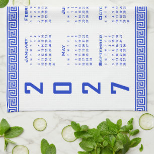 2027 Kalender, Griechisches Mäander, Griechisch Bl Geschirrtuch