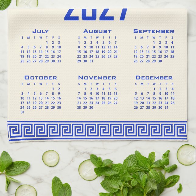 2027 Kalender, Griechisches Mäander, Griechisch Bl Geschirrtuch (Gefaltet)