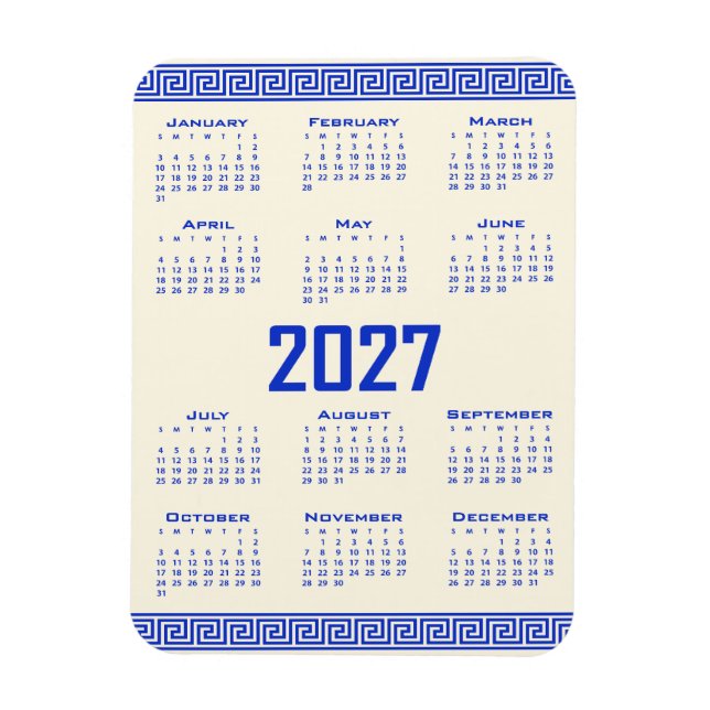 2027 Kalender, Griechisches Mäander, Griechisch Bl Magnet (Vertikal)