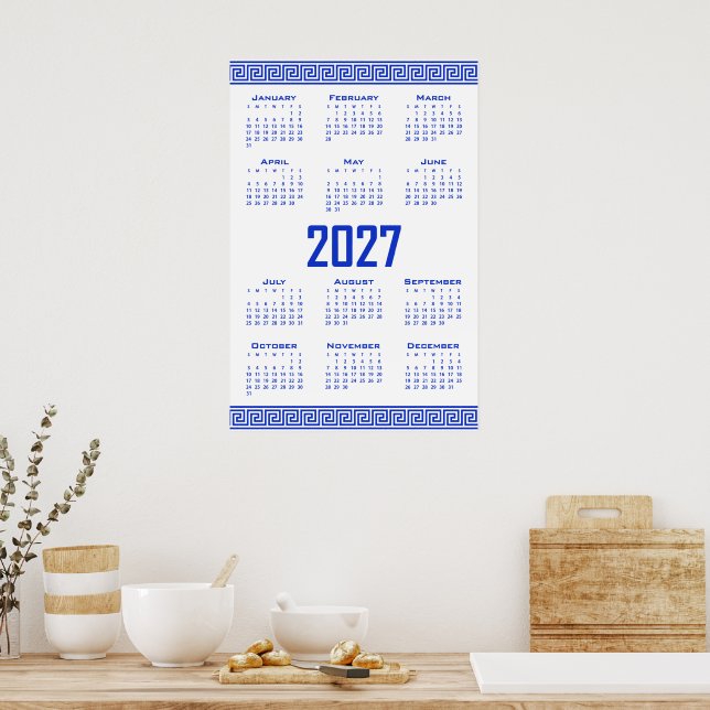 2027 Kalender, Griechisches Mäander, Griechisch Bl Poster (Küche)