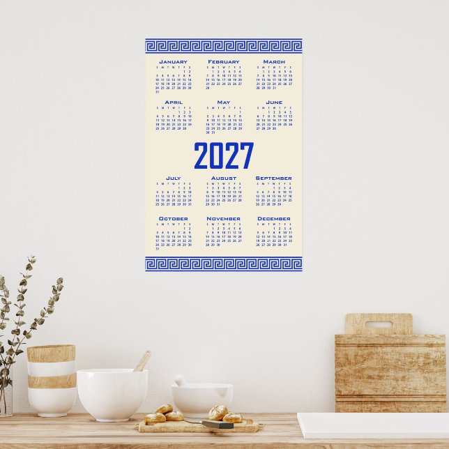2027 Kalender, Griechisches Mäander, Griechisch Bl Poster (Küche)