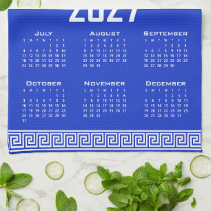 2027 Kalender, Griechisches Mäander, Weiß auf Grie Geschirrtuch