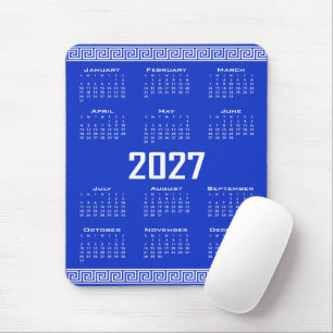 2027 Kalender, Griechisches Mäander, Weiß auf Grie Mousepad