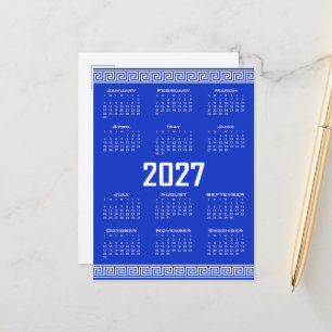 2027 Kalender, Griechisches Mäander, Weiß auf Grie Postkarte