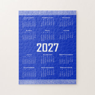 2027 Kalender, Griechisches Mäander, Weiß auf Grie Puzzle
