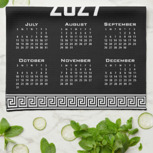 2027 Kalender, Griechisches Mäander, Weiß auf Schw Geschirrtuch