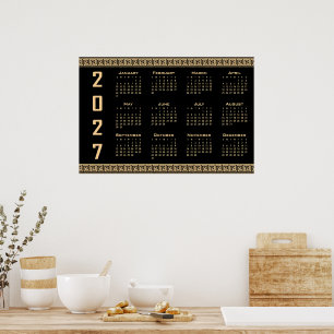 2027 Kalender, Griechisches Muster, Beige auf Schw Poster