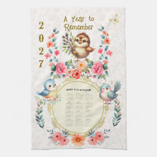 2027 Kalender Handtuch Süße Volks- Blumen Vögel