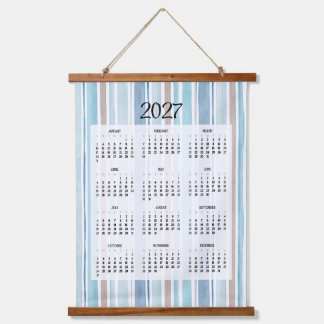 2027 Kalender mit blauem Streifenmuster Wandteppich Mit Holzrahmen