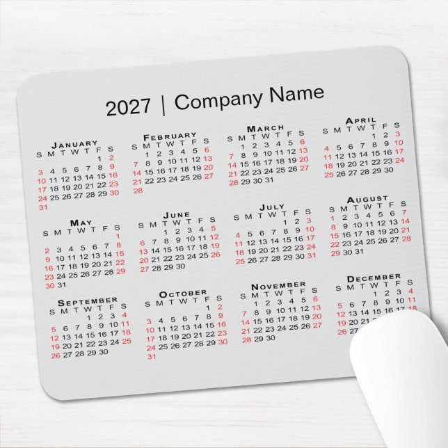 2027 Kalender mit Firmenname Hellgrau Mousepad (2027 Calendar with Company Name Light Grey Mouse Pad in situ)