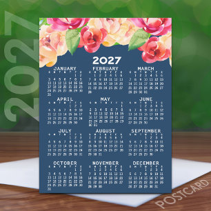 2027 Kalender mit gemalten Wasserfarben-Blumen Postkarte