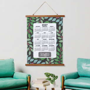 2027 Kalender mit Logo - Botanisches Blau Grün Wandteppich Mit Holzrahmen