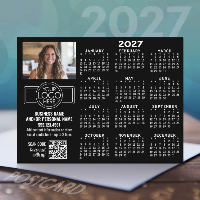 2027 Kalender mit Logo, QR-Code, Foto SCHWARZ Postkarte (2027 Calendar Postcard)