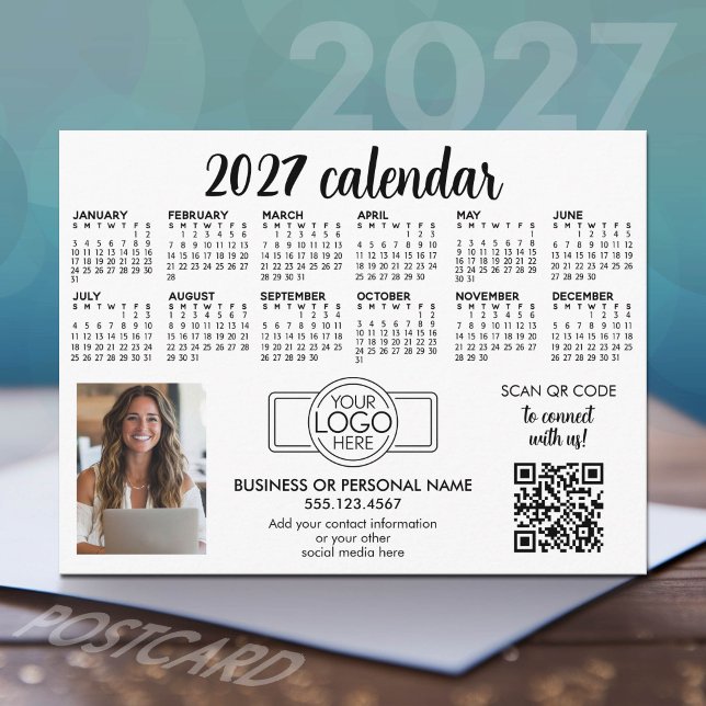 2027 Kalender mit Logo, QR-Code, Foto Weiß Postkarte (2027 Calendar Postcard)