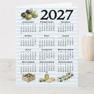 2027 Kalender, Mittelmeer Oliven, Blaue Streifen Karte