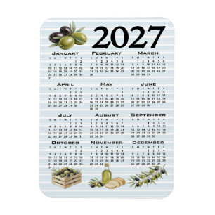2027 Kalender, Mittelmeer Oliven, Blaue Streifen Magnet