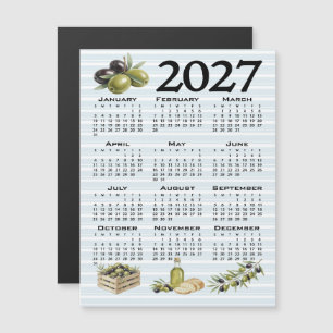 2027 Kalender, Mittelmeer Oliven, Blaue Streifen Magneteinladung