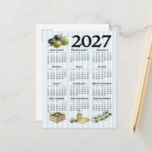 2027 Kalender, Mittelmeer Oliven, Blaue Streifen Postkarte