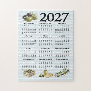 2027 Kalender, Mittelmeer Oliven, Blaue Streifen Puzzle