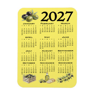 2027 Kalender, Mittelmeer Oliven. Gelb Magnet