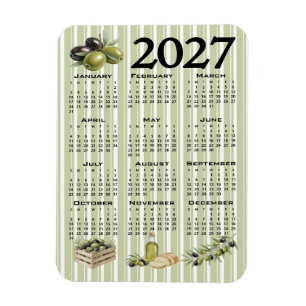 2027 Kalender, Mittelmeer Oliven, Grüne Streifen Magnet