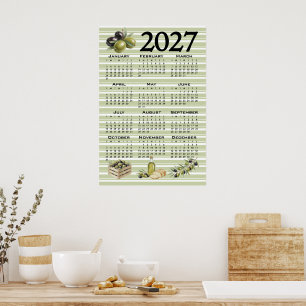 2027 Kalender, Mittelmeer Oliven, Grüne Streifen Poster