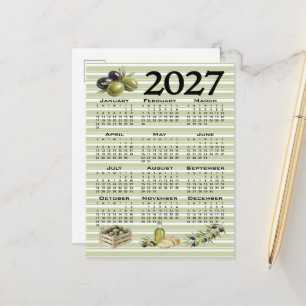 2027 Kalender, Mittelmeer Oliven, Grüne Streifen Postkarte