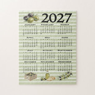 2027 Kalender, Mittelmeer Oliven, Grüne Streifen Puzzle