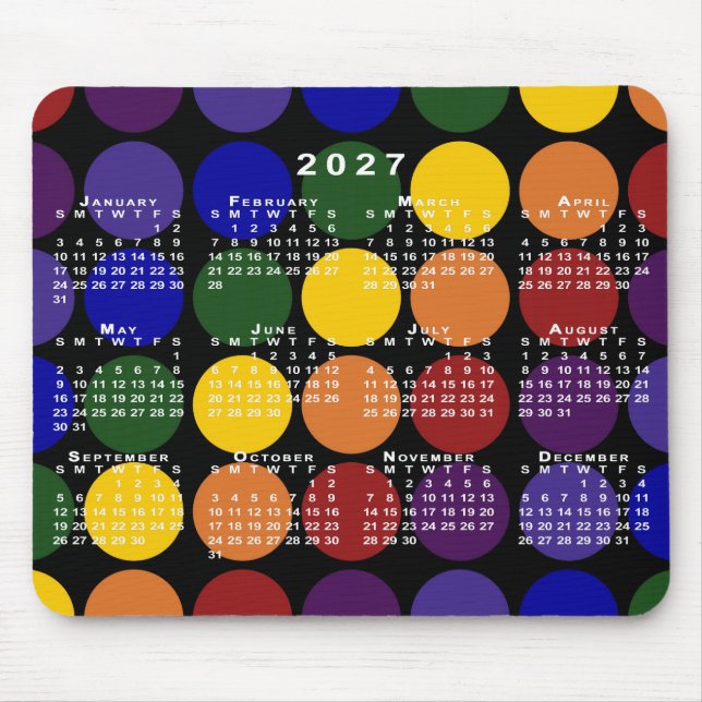 2027 Kalender Pride Regenbogen Tupfen auf Schwarz Mousepad (Vorne)
