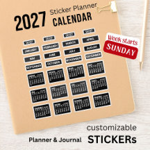 2027 Kalender schwarze Aufkleber Sonntag Woche