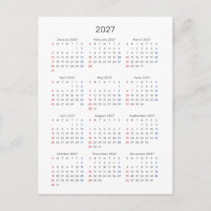 2027 Kalenderkarte: Sonntag Start, Schwarz & Weiß Postkarte
