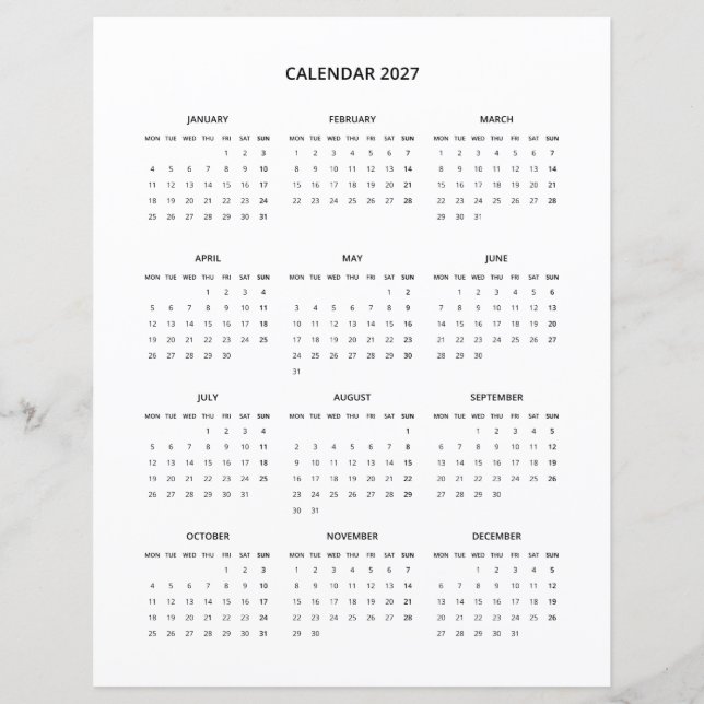 2027 Moderner Minimalistischer Druckkalender in Sc (Vorderseite)