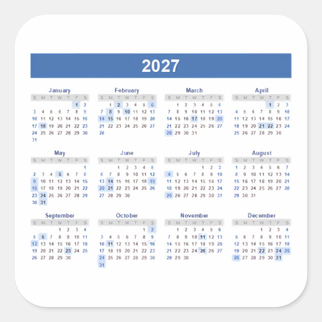 2027 Monatskalender Blaue Version Quadratischer Aufkleber (Vorderseite)