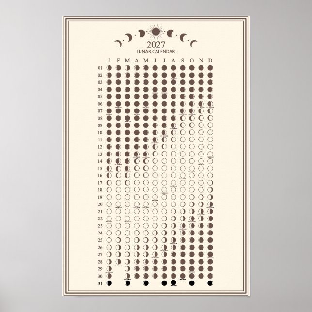 2027 Mondphasen-Kalender im minimalistischen Stil Poster (Vorne)