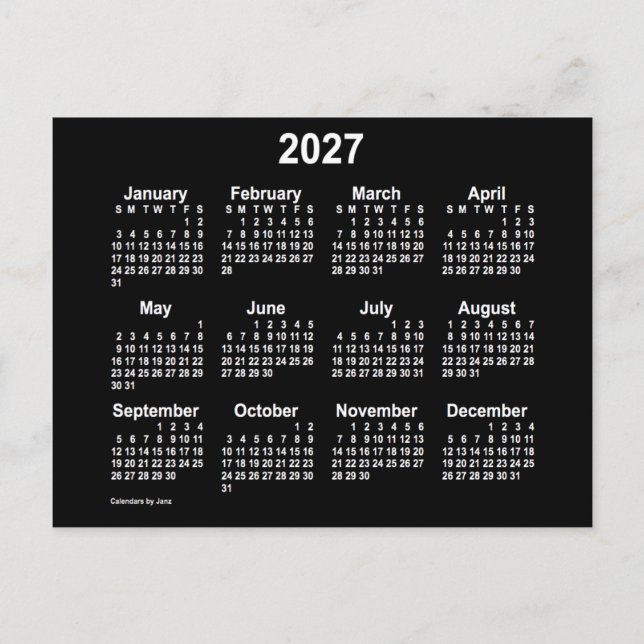 2027 Neon White Mini Calendar von Janz Postkarte (Vorderseite)