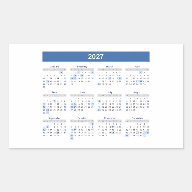 2027 Rectangular Monthly Calendar     Rechteckiger Aufkleber (Vorderseite)