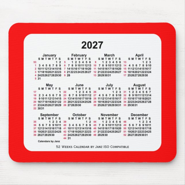 2027 Red 52 Weeks ISO Kalender von Janz Two Tone Mousepad (Vorne)