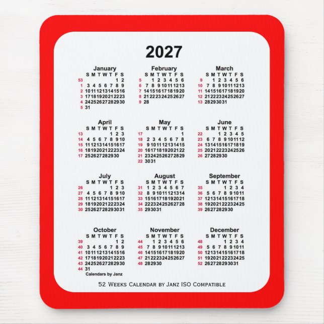 2027 Red 52 Weeks ISO Kalender von Janz Two Tone Mousepad (Vorne)