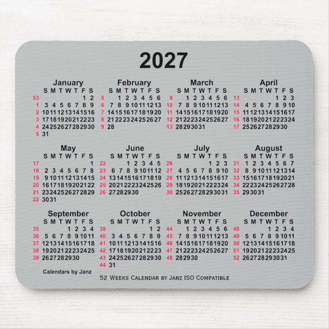 2027 Silver 52 Weeks ISO Calendar by Janz Mousepad (Vorne)