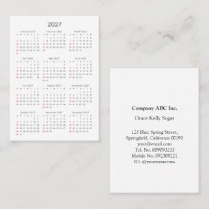 2027 Sonntag Start Mini-Kalender Ganz Weiß Visitenkarte