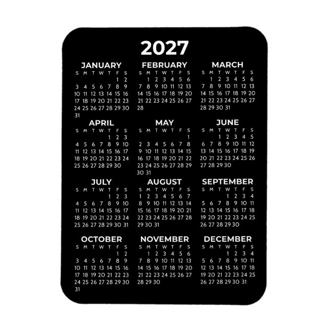 2027 Volljahreskalender Basic Minimal Mini Schwarz Magnet (Vertikal)