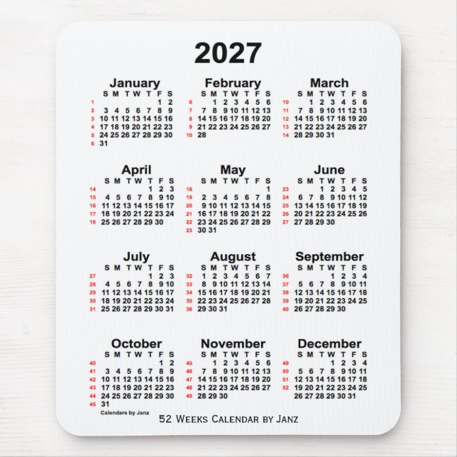 2027 Weißer 52-Wochen-Kalender von Janz Mousepad (Vorne)