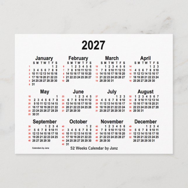2027 Weißer 52-Wochen-Kalender von Janz Postkarte (Vorderseite)