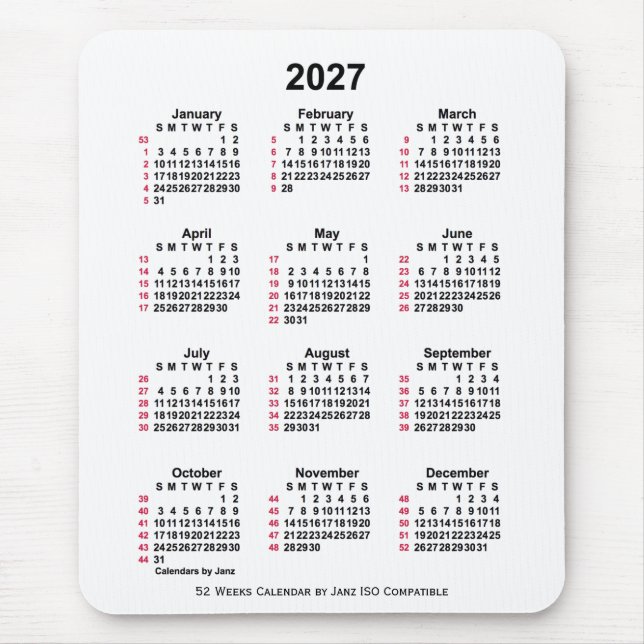 2027 White 52 Weeks ISO Calendar by Janz Mousepad (Vorne)
