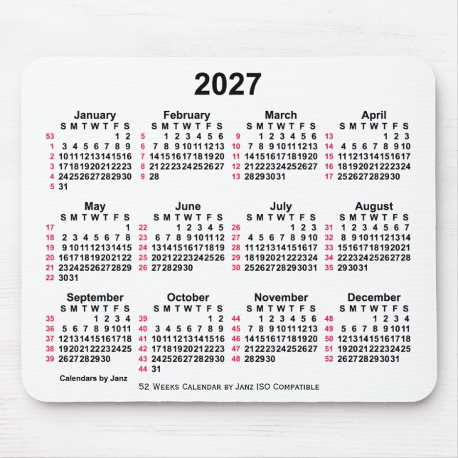 2027 White 52 Weeks ISO Calendar by Janz Mousepad (Vorne)