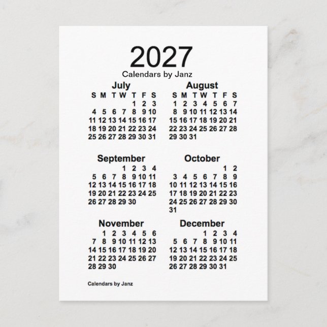 2027 White 6 Month Mini Kalender von Janz Postkarte (Vorderseite)