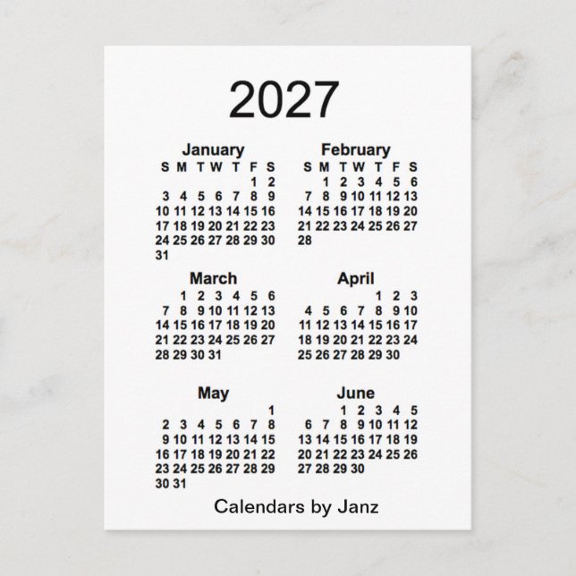 2027 White 6 Month Mini Kalender von Janz Postkarte (Vorderseite)
