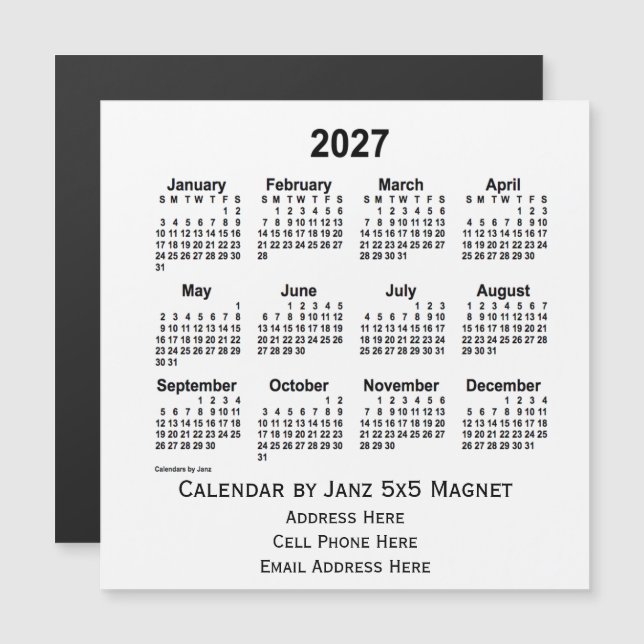 2027 White Business Calendar von Janz 5x5 Magnet (Vorne/Hinten)