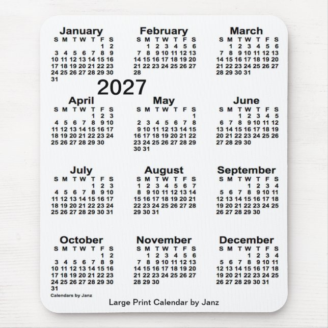 2027 White Large Print Calendar von Janz Mousepad (Vorne)